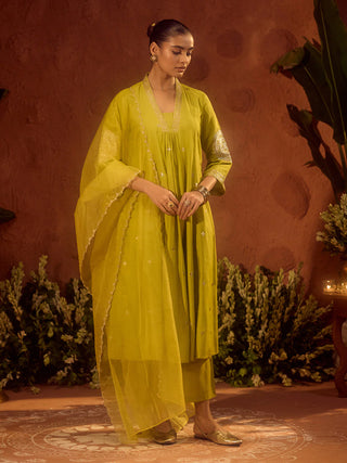 Lime Green Viscose Chanderi Embroidered & Gota Patti Work Ethnic A-Line Kurta Set with Dupatta