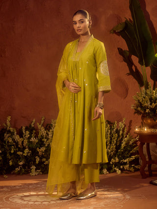 Lime Green Viscose Chanderi Embroidered & Gota Patti Work Ethnic A-Line Kurta Set with Dupatta