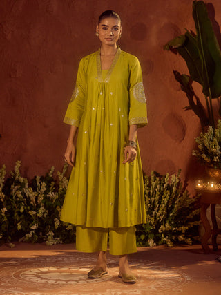 Lime Green Viscose Chanderi Embroidered & Gota Patti Work Ethnic A-Line Kurta Set with Dupatta