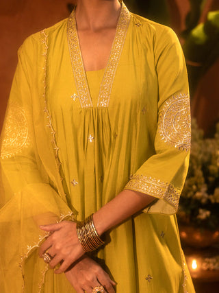 Lime Green Viscose Chanderi Embroidered & Gota Patti Work Ethnic A-Line Kurta Set with Dupatta