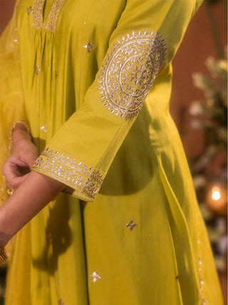 Lime Green Viscose Chanderi Embroidered & Gota Patti Work Ethnic A-Line Kurta Set with Dupatta