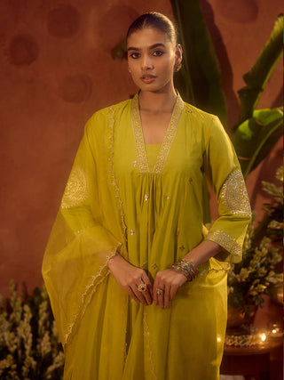 Lime Green Viscose Chanderi Embroidered & Gota Patti Work Ethnic A-Line Kurta Set with Dupatta