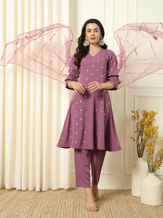 Lavender Crepe Lace Detailing Suit Set with Organza Dupatta