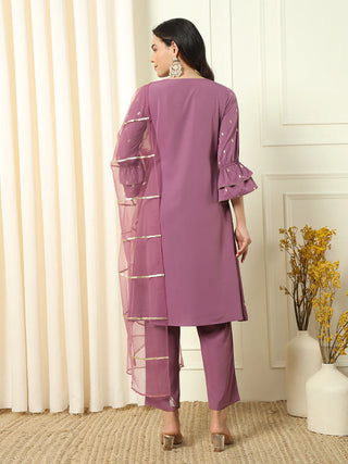 Lavender Crepe Lace Detailing Suit Set with Organza Dupatta