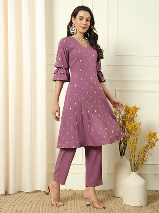 Lavender Crepe Lace Detailing Suit Set with Organza Dupatta