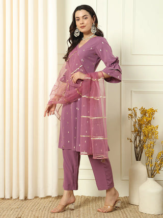 Lavender Crepe Lace Detailing Suit Set with Organza Dupatta