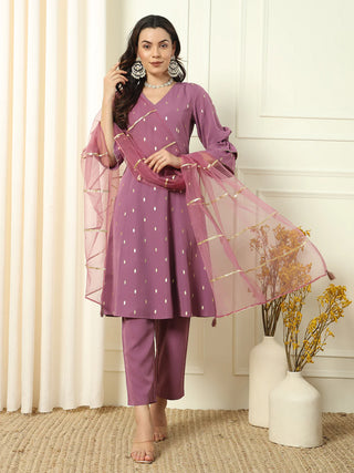 Lavender Crepe Lace Detailing Suit Set with Organza Dupatta