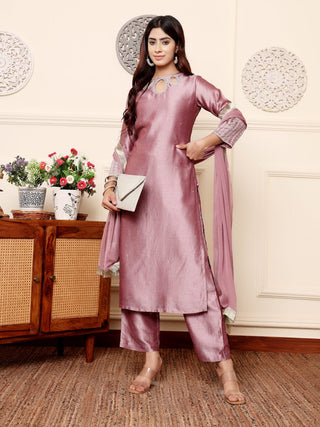 Lavender Silk Blend Zari Embroidered Straight Shape Suit Set with Chiffon Dupatta