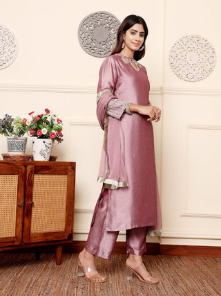 Lavender Silk Blend Zari Embroidered Straight Shape Suit Set with Chiffon Dupatta