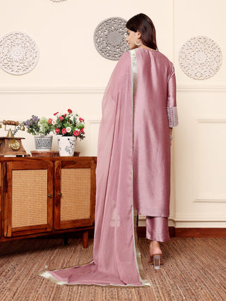 Lavender Silk Blend Zari Embroidered Straight Shape Suit Set with Chiffon Dupatta