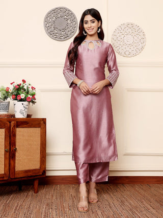 Lavender Silk Blend Zari Embroidered Straight Shape Suit Set with Chiffon Dupatta