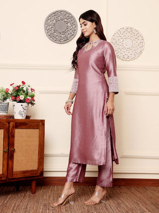 Lavender Silk Blend Zari Embroidered Straight Shape Suit Set with Chiffon Dupatta