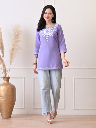 Lavender Cotton Blend Embroidered Short Kurta
