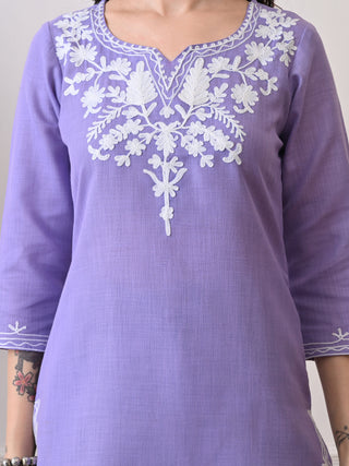 Lavender Cotton Blend Embroidered Short Kurta