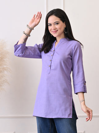 Lavender Cotton Blend Embroidered Short Kurta