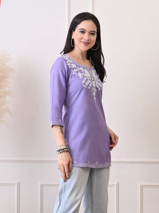 Lavender Cotton Blend Embroidered Short Kurta