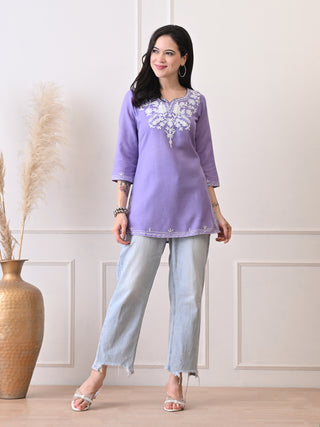 Lavender Cotton Blend Embroidered Short Kurta