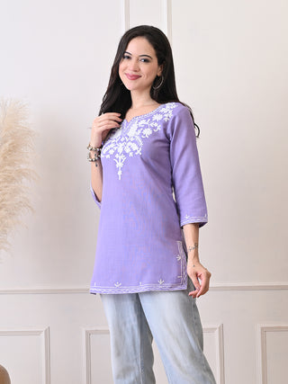 Lavender Cotton Blend Embroidered Short Kurta