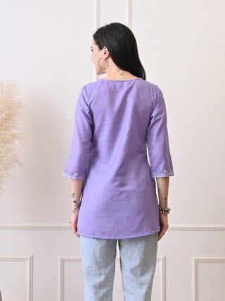 Lavender Cotton Blend Embroidered Short Kurta