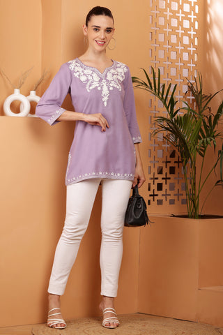 Lavender Rayon Embroidered Short Kurta