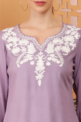 Lavender Rayon Embroidered Short Kurta