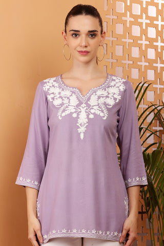 Lavender Rayon Embroidered Short Kurta