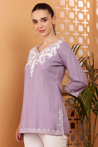 Lavender Rayon Embroidered Short Kurta