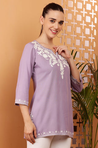Lavender Rayon Embroidered Short Kurta