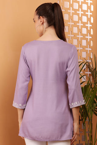 Lavender Rayon Embroidered Short Kurta