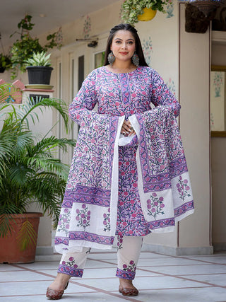 Lavender & White Cotton Ethnic Motif Print Straight Shape Suit Set with Voile Dupatta