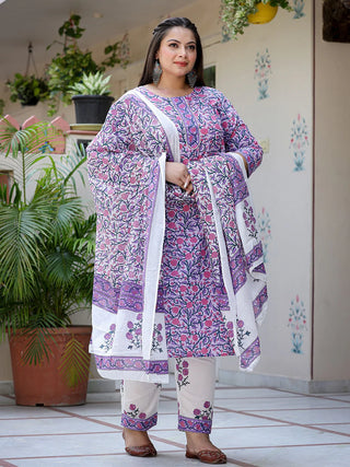 Lavender & White Cotton Ethnic Motif Print Straight Shape Suit Set with Voile Dupatta