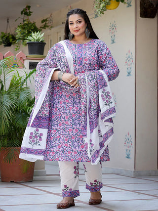 Lavender & White Cotton Ethnic Motif Print Straight Shape Suit Set with Voile Dupatta