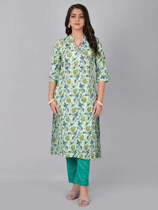 Pista & Blue Cotton Floral Print Kurta Pant Set