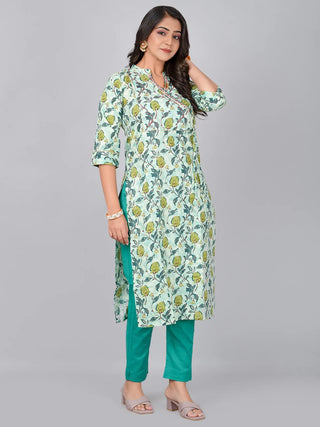 Pista & Blue Cotton Floral Print Kurta Pant Set