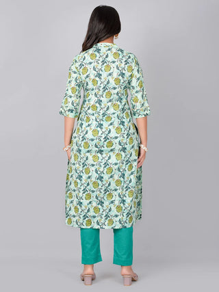 Pista & Blue Cotton Floral Print Kurta Pant Set