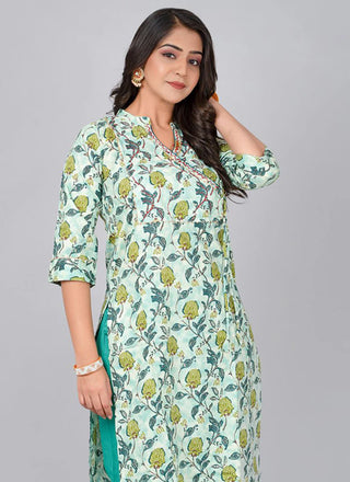 Pista & Blue Cotton Floral Print Kurta Pant Set