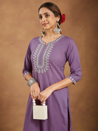 Lavender Pure Cotton Yoke Embroidered Kurta Bottom Set
