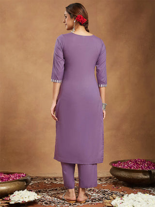 Lavender Pure Cotton Yoke Embroidered Kurta Bottom Set