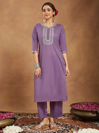 Lavender Pure Cotton Yoke Embroidered Kurta Bottom Set