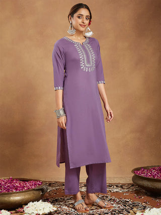 Lavender Pure Cotton Yoke Embroidered Kurta Bottom Set