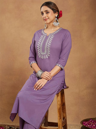 Lavender Pure Cotton Yoke Embroidered Kurta Bottom Set