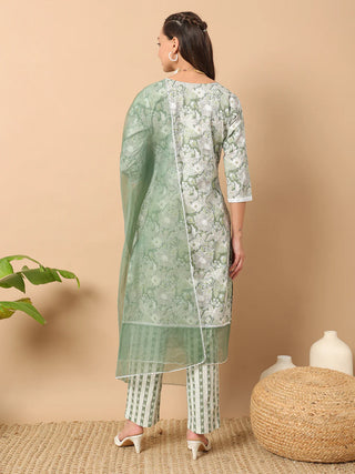 Green Cotton Printed & Lace Detailing Straight Shape Suit Set with Organza Dupatta