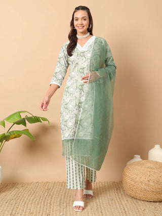 Green Cotton Printed & Lace Detailing Straight Shape Suit Set with Organza Dupatta