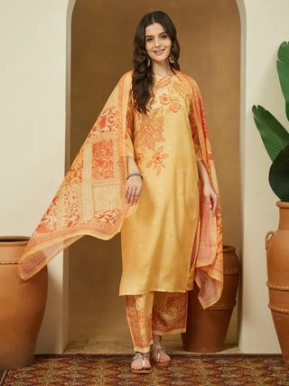 Light Yellow Cotton Blend Ethnic Motif Print Pakistani Style Suit Set with Chanderi Blend Dupatta