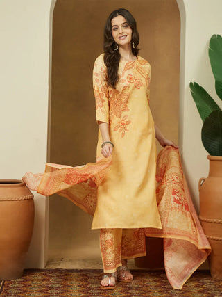 Light Yellow Cotton Blend Ethnic Motif Print Pakistani Style Suit Set with Chanderi Blend Dupatta