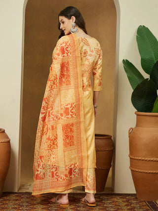 Light Yellow Cotton Blend Ethnic Motif Print Pakistani Style Suit Set with Chanderi Blend Dupatta