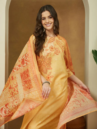 Light Yellow Cotton Blend Ethnic Motif Print Pakistani Style Suit Set with Chanderi Blend Dupatta