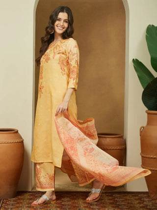 Light Yellow Cotton Blend Ethnic Motif Print Pakistani Style Suit Set with Chanderi Blend Dupatta