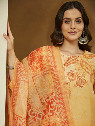 Light Yellow Cotton Blend Ethnic Motif Print Pakistani Style Suit Set with Chanderi Blend Dupatta