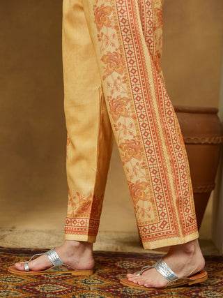 Light Yellow Cotton Blend Ethnic Motif Print Pakistani Style Suit Set with Chanderi Blend Dupatta